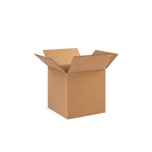 Cube corrugated shipping box with equal dimensions on all sides, natural brown kraft cardboard, assembled and empty in studio view
