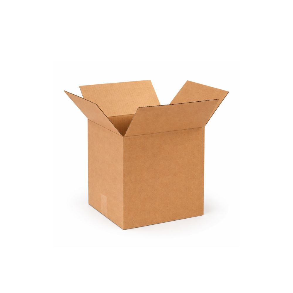 Cube corrugated shipping box with equal dimensions on all sides, natural brown kraft cardboard, assembled and empty in studio view