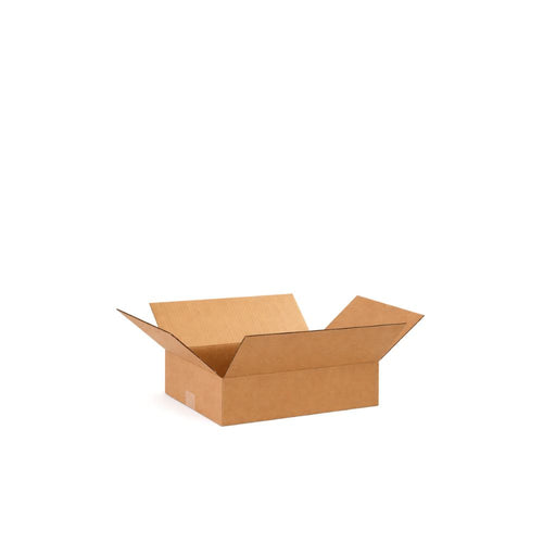 Flat corrugated shipping box with low-profile depth, natural brown kraft cardboard, assembled and empty in studio view