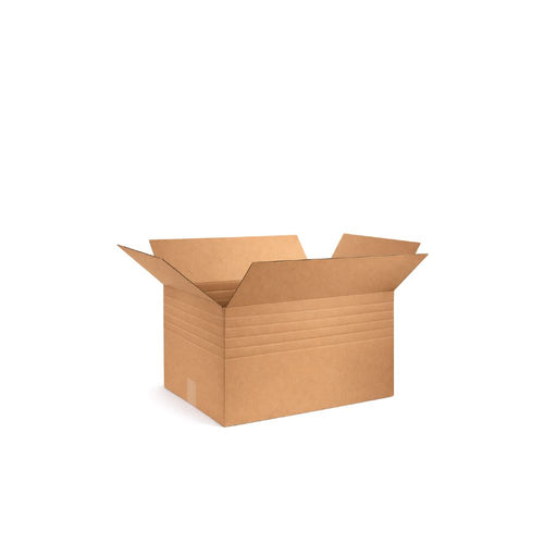Heavy-duty multi-depth corrugated shipping box with reinforced construction and pre-scored adjustable height sides, natural brown kraft cardboard, assembled in studio view
