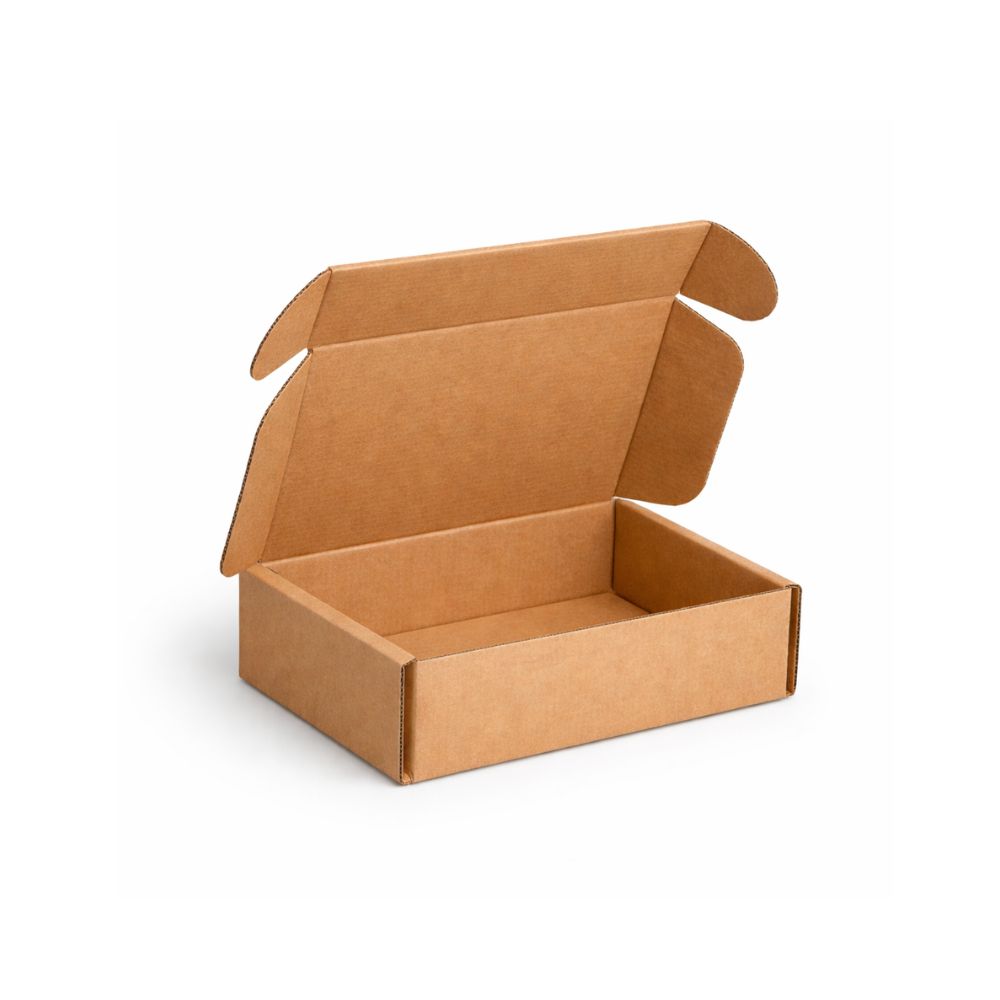 Kraft Signature corrugated mailer box with secure locking closure, natural brown single-wall cardboard, assembled and empty in studio view