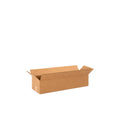 Long corrugated shipping box with extended length, natural brown kraft cardboard, assembled and empty in studio view