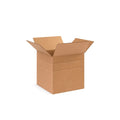 Multi-depth cube corrugated shipping box with equal length and width, pre-scored adjustable height sides, natural brown kraft cardboard, assembled in studio view
