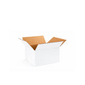 White corrugated box, single-wall construction, clean exterior surface, assembled and empty in studio view