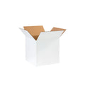 White cube corrugated shipping box with equal dimensions on all sides, single-wall construction, assembled and empty in studio view
